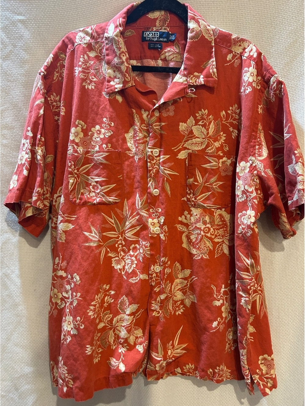 Polo by Ralph Lauren Men's 2X Big Red Floral Linen Cotton Hawaiian Shirt